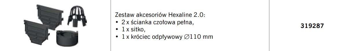 Zestaw akcesoriów Hexaline 2.0: 2 x ścianka czołowa pełna, 1 x sitko, 1 x króciec odpływowy Φ110 mm